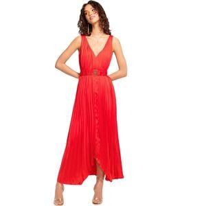 RAMY BROOK Asher Pleated Double V Neck Maxi Dress Grenadine Red Large L